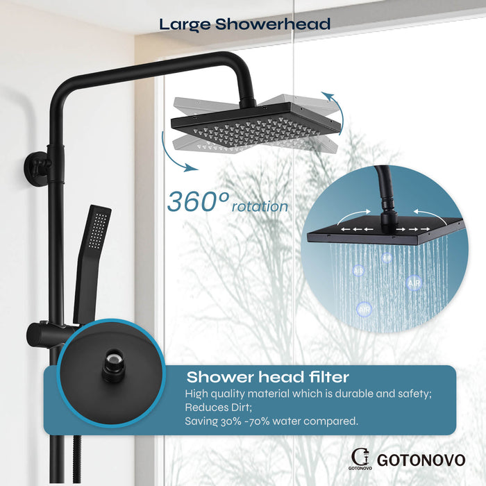 gotonovo Matte Black Exposed Shower Faucet Fixture Set 8inch Rain Shower Single Handle Triple Function Tub Spout Shower Fixture Combo System Unit Set