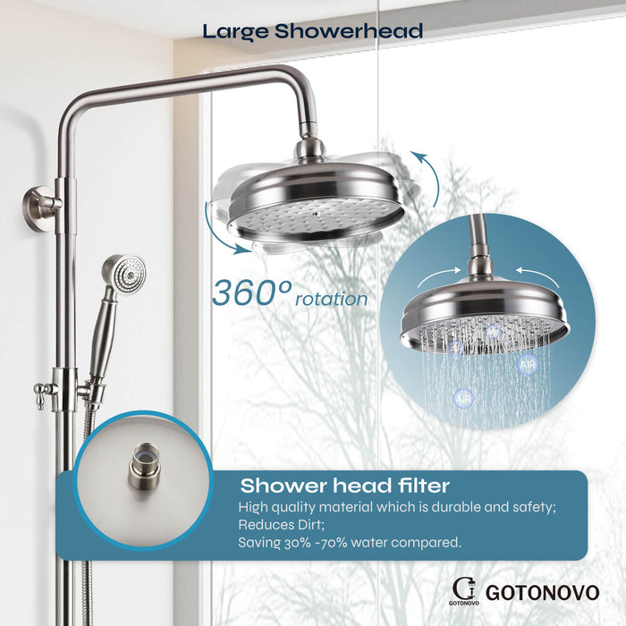 gotonovo douchesysteem douchekraan set 8 inch ronde regendouchekop 360 draaibaar met handsproeier wandmontage enkele handgreep 