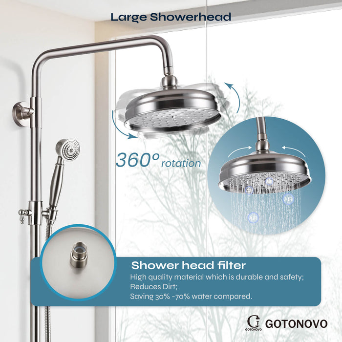 gotonovo Shower System Shower Faucet Set 8 Inch Round Rainfall Shower Head 360 rotable with Hand Sprayer Wall Mount Single Handle
