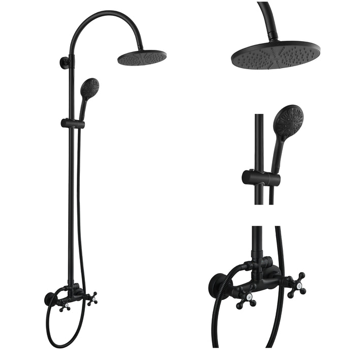 gotonovo Exposed Shower Faucet 8 inch Round Rainfall Shower Head Wall Mounted Double Cross Handles with ABS Handheld Sprayer Dual Function Shower Fixture Set