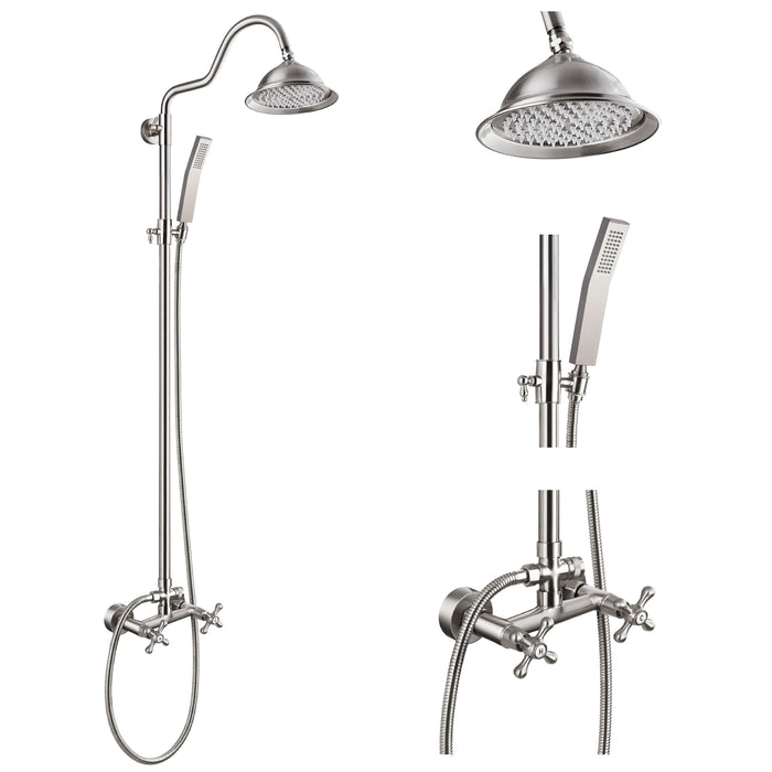gotonovo Wandmontage 8 inch Bell Regendouchekop Messing 2 Functie Douchesysteem Kit met 2 Dubbele Knop Kruisgrepen en Gebogen Handsproeier