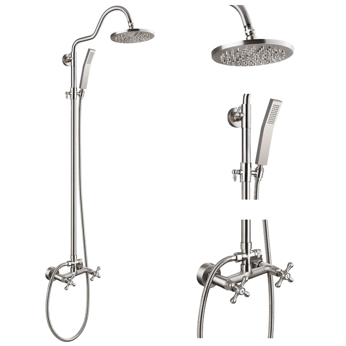 gotonovo Exposed Pipe Shower System Wall Mounted 8 inch Brass Covered Rain Shower Head 2 Function Shower System Kit with 2 Dual Knob Cross Handles and Curved Hand Sprayer