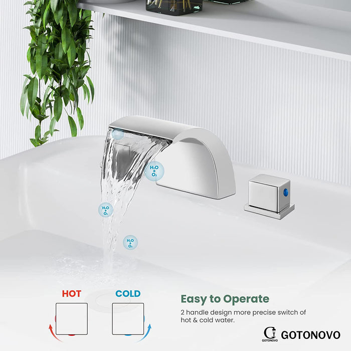 gotonovo Waterfall Widespread 3 Holes Bathroom Sink Faucet Deck Mounted 8-16 Inch Double Handles Commercial with Pop Up Drain