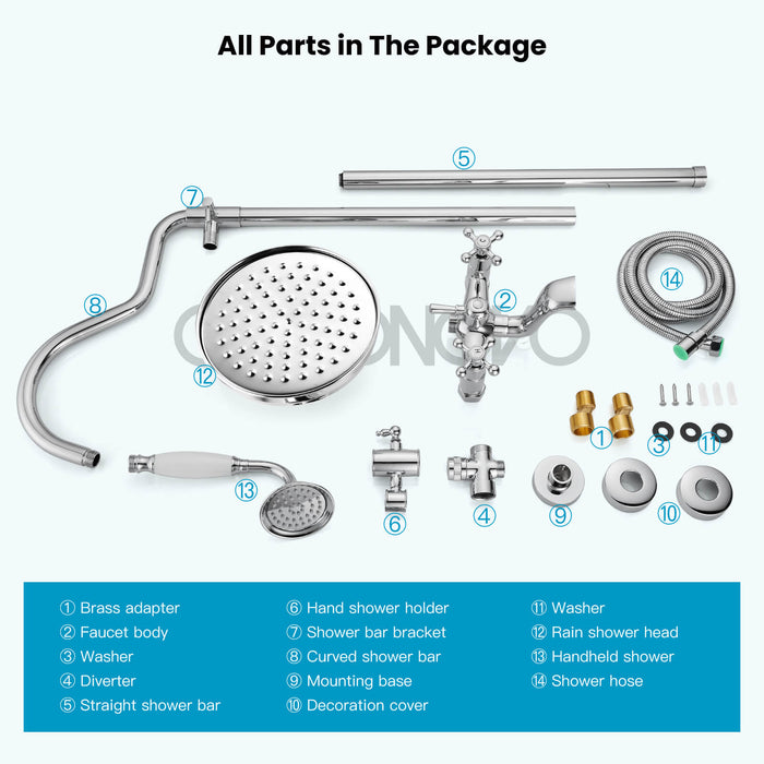 Gotonovo Exposed Shower System Wall Mounted Triple Function 8 Inch Rainfall Shower Head with Handheld and Tub Spout Double Cross Handles