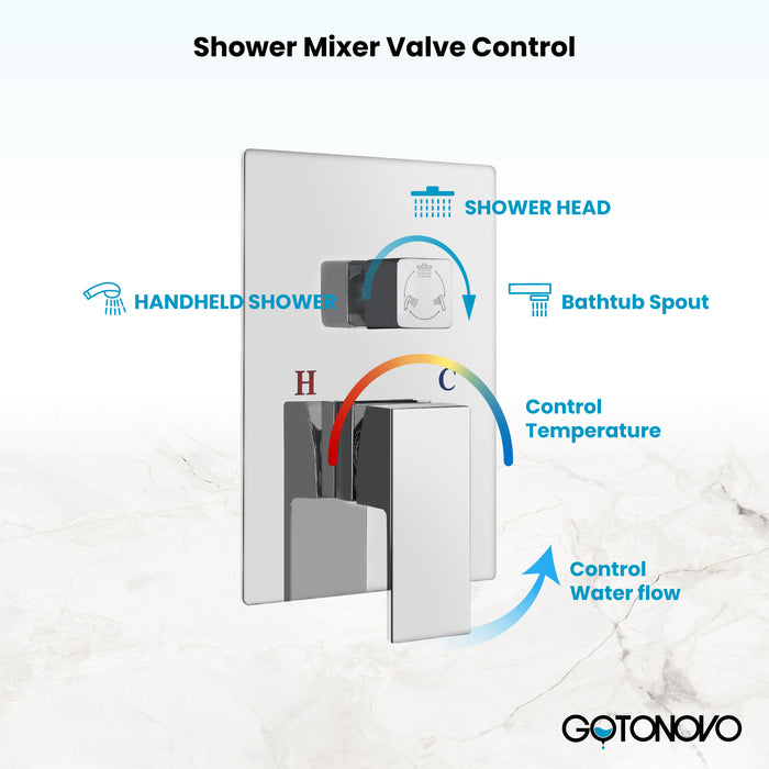 Gotonovo 12 Inch Rain Mixer Shower Faucet Set with Waterfall Tub Spout Ceiling Mount with Handheld Spray Pressure Balance Rough-in Valve and Trim Included