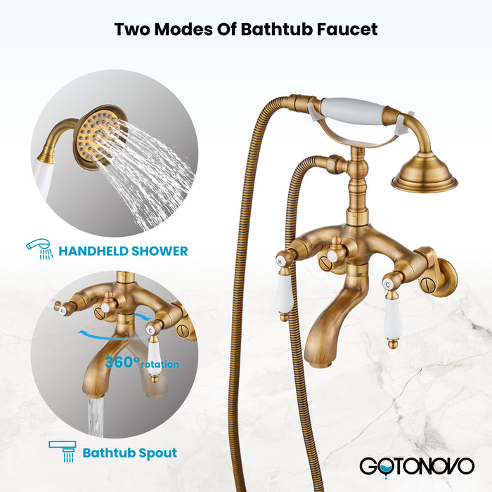 Gotonovo Clawfoot Bathtub Faucet Wall Mount Hand Held Shower Faucet Set Double Lever Handle with 6 Inch Center with Adapter Adjustable Swing Arms