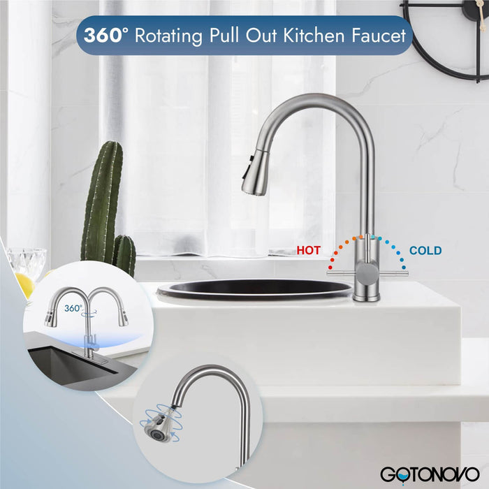 Gotonovo Brushed Nickel 304 Stainless Steel Pull Down Kitchen Faucet Deck Mounted  Single Handle Faucet cUPC Certification High Arc Spray