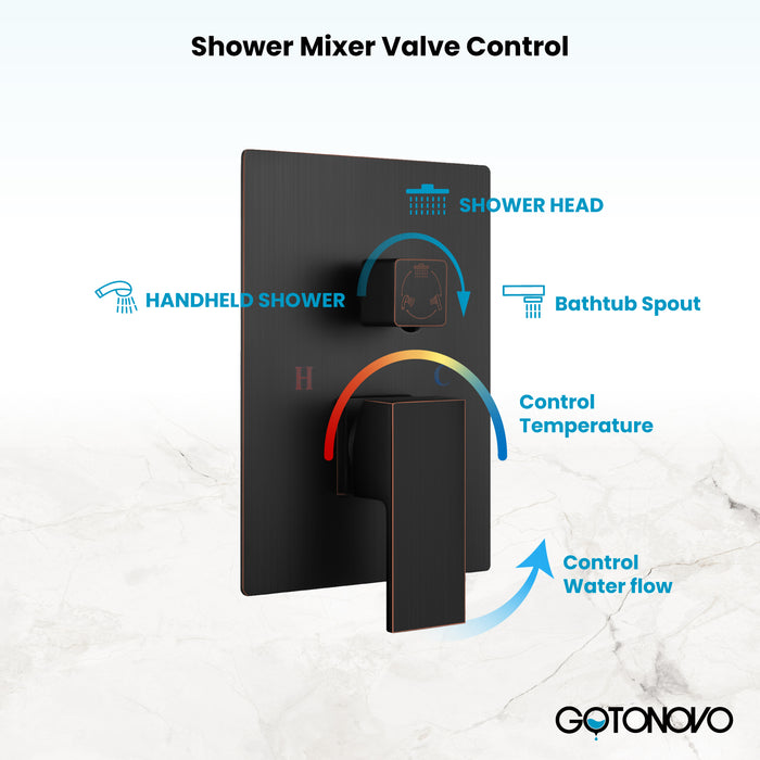 Gotonovo Rain Shower Combo Set Luxury 3-Function with Rotating Tub Spout,Square Rainfall Shower Head and Handheld Spray Rough-in Valve Body and Trim Included