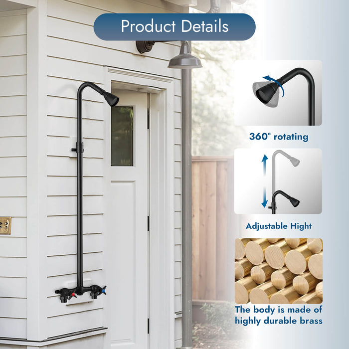 gotonovo Matte Black Outdoor Shower Fixtures Wall Mount Telescopic Pipe Double Cross Handle Brass Mixer Valve Adjustable Shower Head Exposed Shower Kit Water Inlet Down