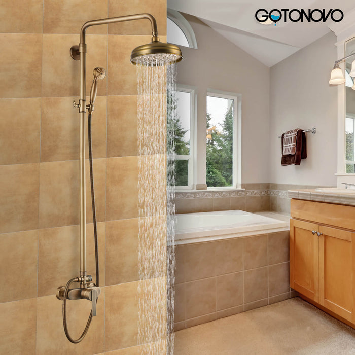 gotonovo Shower Fixture Exposed Pipe Shower System Brass 8 Inch Dual Functions Rainfall Overhead with Handheld Spray Solid Copper Diverter Bathroom Shower Faucet Combo Unit Set