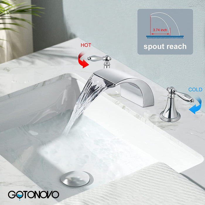gotonovo Bathroom Widespread Sink Faucet Waterfall Spout 8 16 Inch Dual Handles Three Holes Deck Mount Pop Up Drain with Overflow Bathtub Basin Mixer Tap Commercial