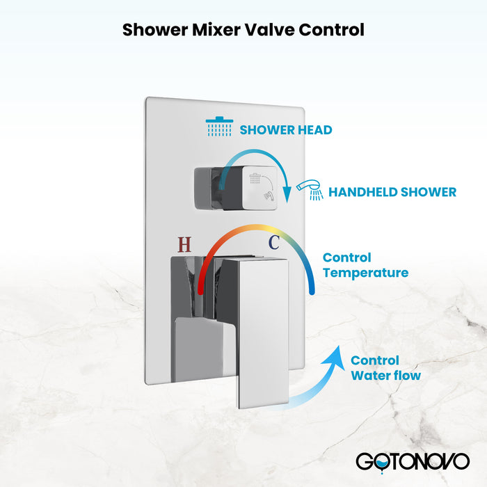 Gotonovo Rain Shower Combo Set Wall Mount 12 inch Square Rain Shower Head with Adjustable Angle Slide Bar Shower Trim Kit Pressure Balance Shower System Rough-in Valve and Trim Included