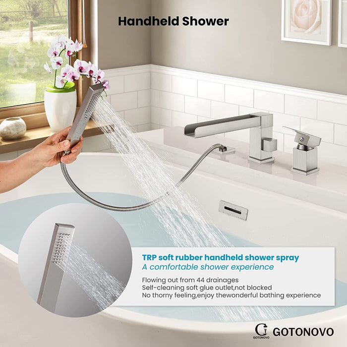 Gotonovo Waterval Romeinse badkuipkraan Tub Filler 3-gats dekmontage Enkele handgreep Wijdverspreide badkuipkraan met handdouche Badkamerkraan
