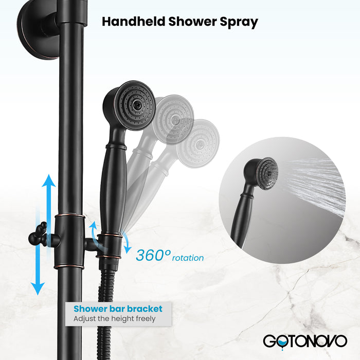 Gotonovo Exposed Shower System 8-inch Shower Head with Handheld Spray Dual Lever Handle Tub Spout Triple Function Bathroom Shower Fixture Wall Mount