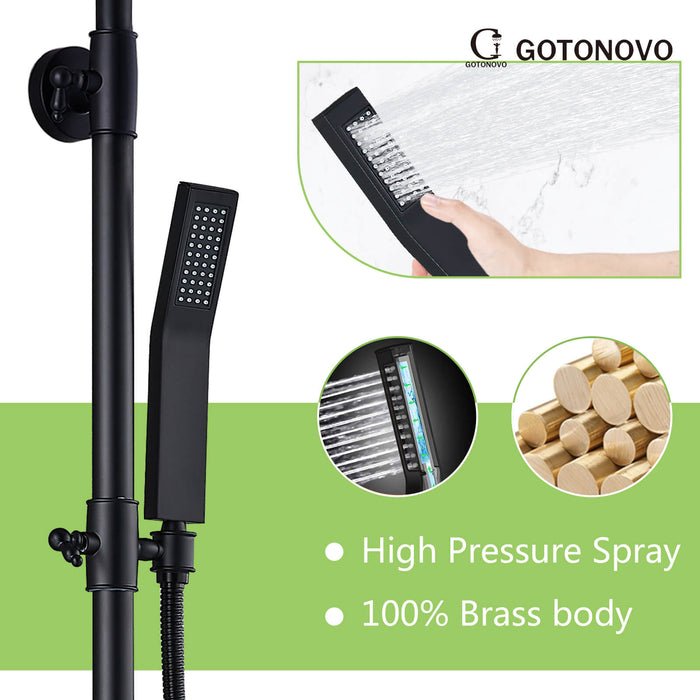 Gotonovo Exposed Shower System 8 Inch Square Swivel Rainfall Shower Head with Handheld Adjustable Complete Set Wall Mount