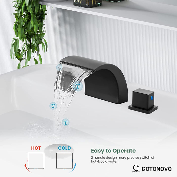 gotonovo Waterfall Widespread 3 Holes Bathroom Sink Faucet Deck Mounted 8-16 Inch Double Handles Commercial with Pop Up Drain