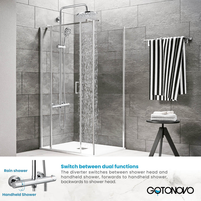 Gotonovo Exposed Shower System Thermostatic 8 inch Round Shower Head with Height Adjustable Slide Bar ABS Handheld Sprayer Wall Mount Shower Fixture