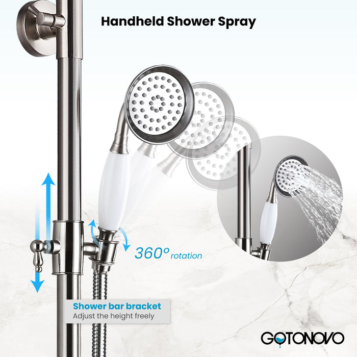 Gotonovo Exposed Shower Fixture 8 Inch Rainfall Shower Head with Handheld Spray Dual Cross Knobs Mixer Bathroom Triple Function Shower Combo Set Wall Mount