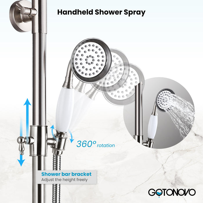 Gotonovo Exposed Shower System 8 Inch Rainfall Shower Head Dual Cross Handle with Handheld Spray Bathroom Shower System Wall Mount