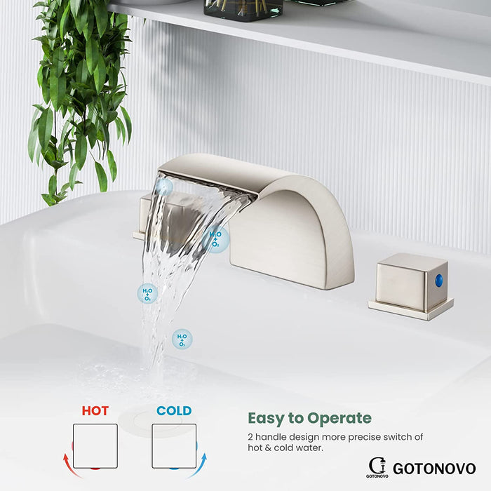 gotonovo Waterfall Widespread 3 Holes Bathroom Sink Faucet Deck Mounted 8-16 Inch Double Handles Commercial with Pop Up Drain