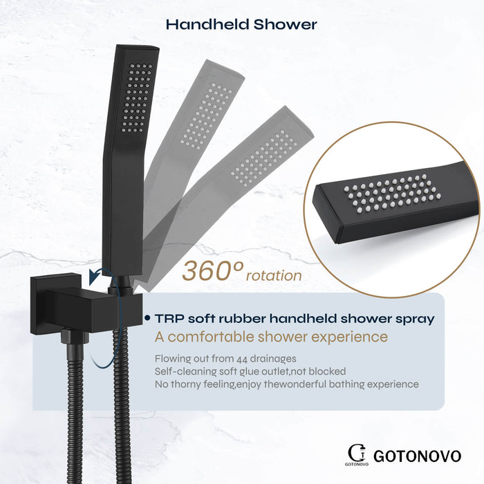 gotonovo Rainfall Shower System with Tub Spout Mixer Shower Combo Set 3 Function Wall Mounted Shower Head Handheld Shower Bathroom Luxury Rain Rough-in Valve Body and Trim Kit