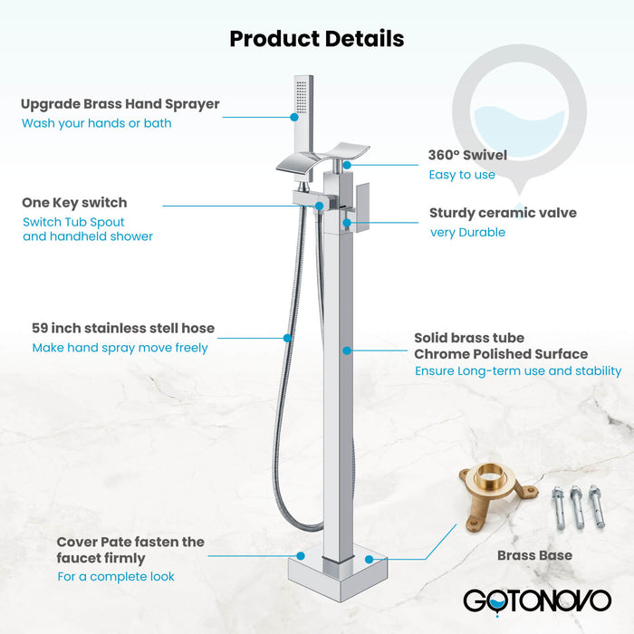 gotonovo Freestanding Bathtub Faucet Floor Mount Waterfall Tub Filler Brass Tap with Hand Shower and 360 Degree Swivel Spout Single Handle