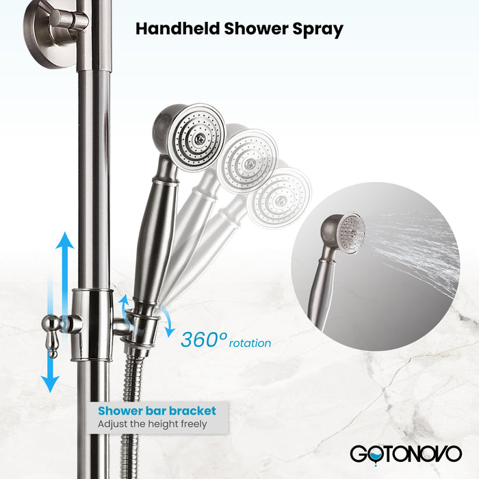 Gotonovo Exposed Shower System 8-inch Shower Head with Handheld Spray Dual Lever Handle Tub Spout Triple Function Bathroom Shower Fixture Wall Mount