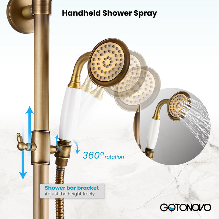 Gotonovo Exposed Shower System 8-inch Shower Head Fixture with Handheld Spray Double Lever Handle Bathtub Spout Triple Function Bathroom Wall Mount