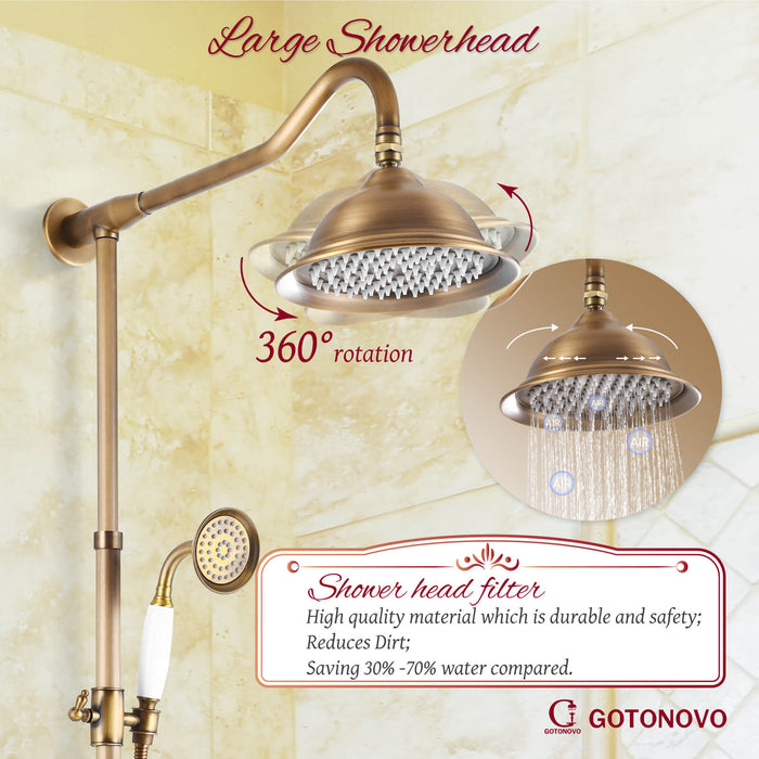 gotonovo Exposed Shower Faucet System 8inch Rain Shower Double Knobs Cross Handle Dual Function Shower Fixture Combo Unit Set