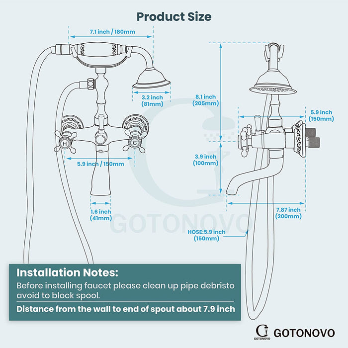 gotonovo Wall Mount Bathtub with Hand Held Shower Spray Faucet Set Bathroom Double Cross Handle 2 Functions 360 Swivel Mixer Tub Spout