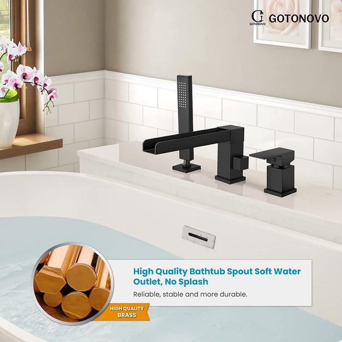 Gotonovo Waterval Romeinse badkuipkraan Tub Filler 3-gats dekmontage Enkele handgreep Wijdverspreide badkuipkraan met handdouche Badkamerkraan