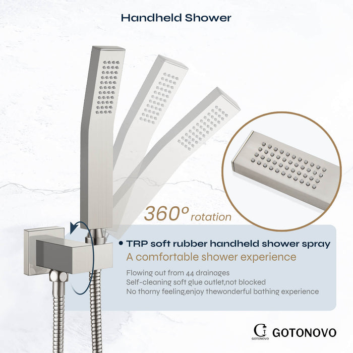 gotonovo Rainfall Shower System with Tub Spout Mixer Shower Combo Set 3 Function Wall Mounted Shower Head Handheld Shower Bathroom Luxury Rain Rough-in Valve Body and Trim Kit