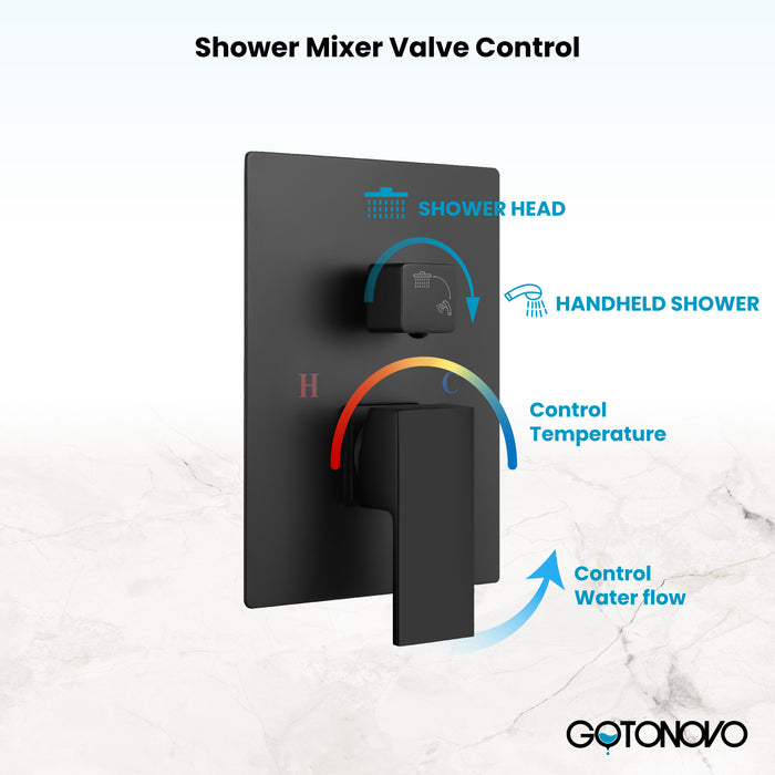 Gotonovo Rain Shower Combo Set Square Shower head SUS304 Stainless Steel Shower Trim Kit 2 in 1 Cylindrical Handheld shower with Rough-in Valve