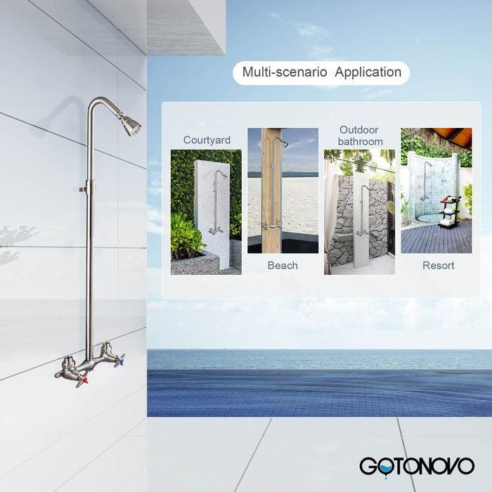 gotonovo Outdoor Shower Faucet Set Double Cross Handles Exposed Shower System Rainfall Shower Head Wall Mount Shower Fixture Kit Brass Mix Valve