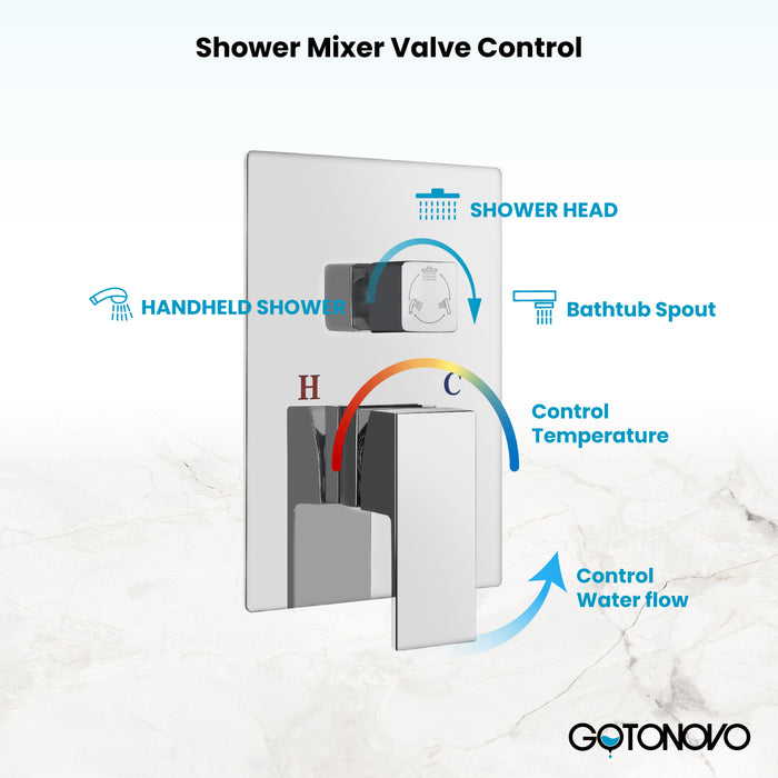 Gotonovo Rain Shower Combo Set Luxury 3-Function with Rotating Tub Spout,Square Rainfall Shower Head and Handheld Spray Rough-in Valve Body and Trim Included