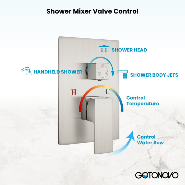 Gotonovo Rain Shower Combo Set Ceiling Mounted Square Rainfall Shower Head with Body Spray Jets and Brass Handshower Pressure Balance Rough-in Valve and Trim Included