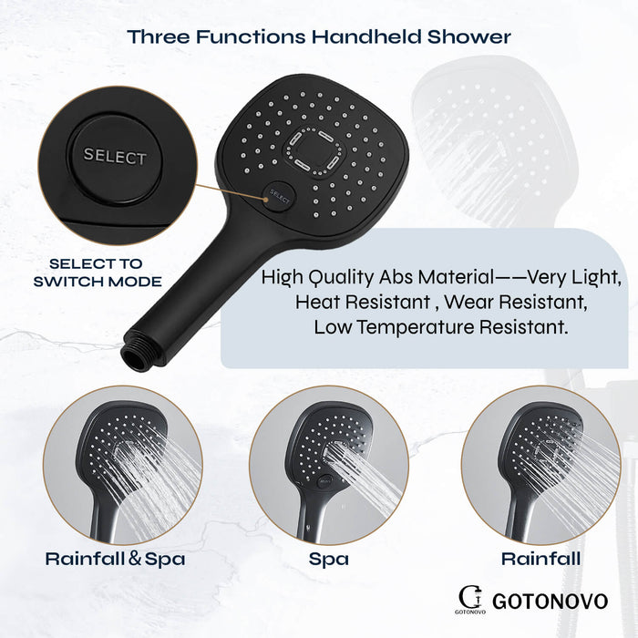 gotonovo Matte Black Shower System 3 Function Mixer Shower Tub Combo Set 9 Inch Wall Mounted Rainfall Shower Head ABS Handheld Shower Bathroom Luxury Rain Rough-in Valve and Trim Kit with Tub Spout