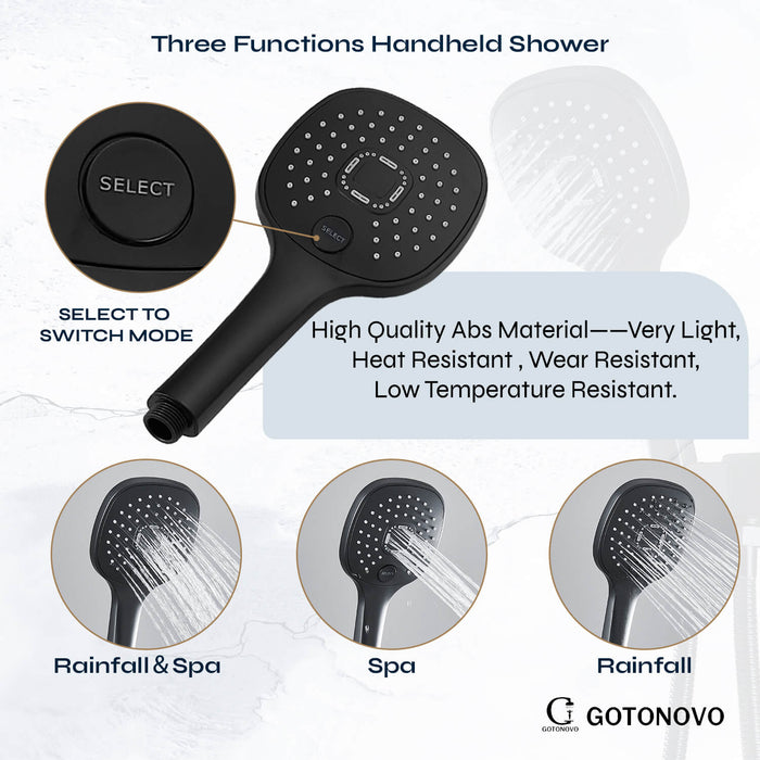 Gotonovo Matzwart douchesysteem 3-functiemengkraan Douchebadcombinatieset 9 inch Wandgemonteerde regendouche ABS Handdouche Badkamer Luxe regen-inbouwklep en afwerkingsset met badkuipuitloop 
