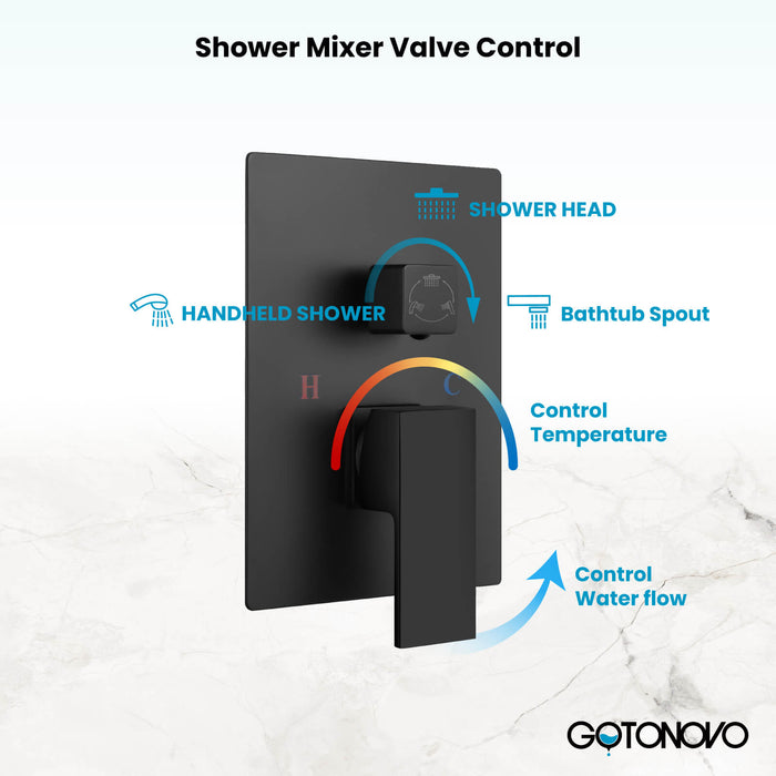 Gotonovo Rain Shower Combo Set with Waterfall Tub Spout Square Rainfall Shower Head with Handheld Spray Pressure Balance Rough-in Valve and Trim Included