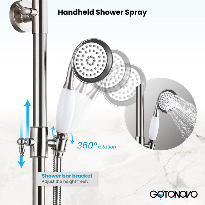 Gotonovo Exposed Shower System 8-inch Shower Head Fixture with Handheld Spray Double Lever Handle Bathtub Spout Triple Function Bathroom Wall Mount