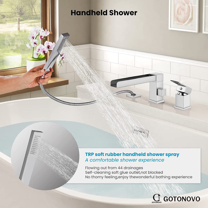 Gotonovo Waterval Romeinse badkuipkraan Tub Filler 3-gats dekmontage Enkele handgreep Wijdverspreide badkuipkraan met handdouche Badkamerkraan