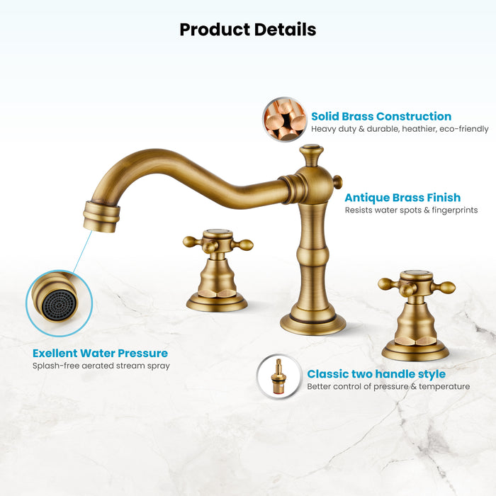 Gotonovo Victorian Widespread Three Holes Deck Mounted Bathroom Sink Faucet with Pop Up Drain with Overflow