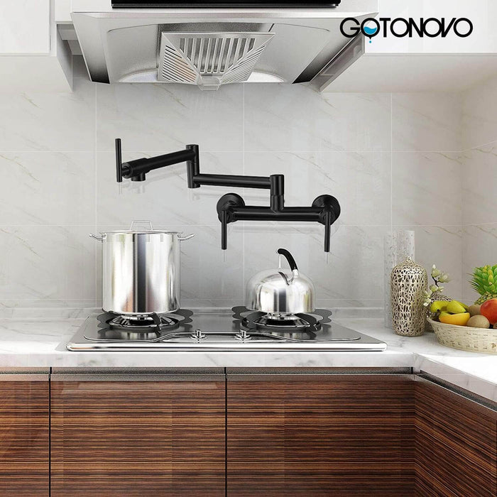 gotonovo Matte Black Pot Filler Faucet for Both Hot Cold Water Folding Kitchen Faucet Wall Mount Commercial Restaurant 8 Inch Spacing Three Handles Stainless Steel Mixer Tap with Double Joint Swing Arm