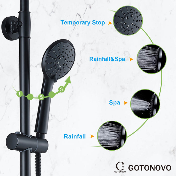 Gotonovo Matte Black Exposed Shower Fixture Combo Set 9 Inch ABS Round Rainfall Showerhead with ABS Handheld Sprayer Wall Mount Shower System Adjustable Slide Bar