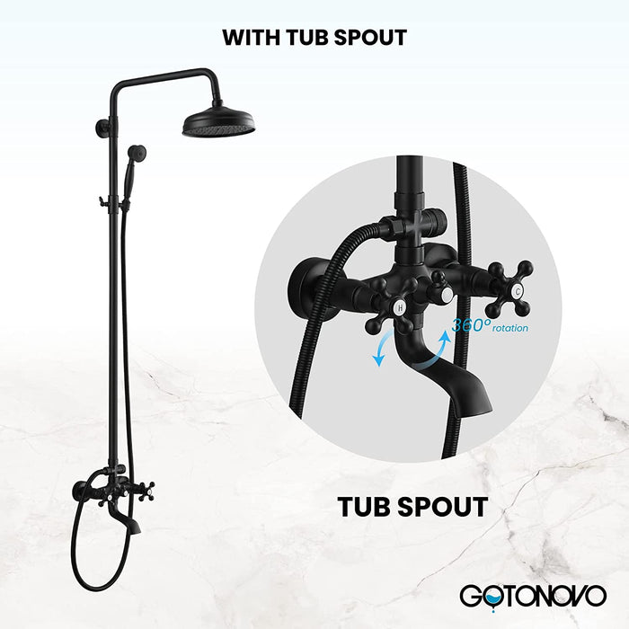 gotonovo Exposed Bathtub Shower Set Wall Mounted Matte Black Shower Fixtures Brass 8 Inch Shower Head with ABS Handheld Shower and Adjustable Slide Bar Hand Spray Bathroom Shower System with Tub Spout