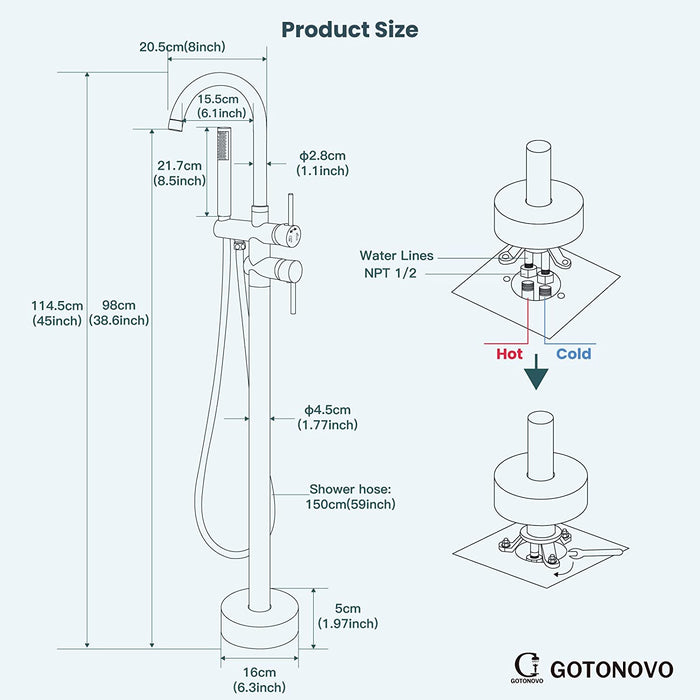 gotonovo Freestanding Bathtub Filler Oil Rubbed Bronze Floor Mounted Tub Faucet with Hand Held Shower High Flow Brass Mixer Taps Swivel Spout