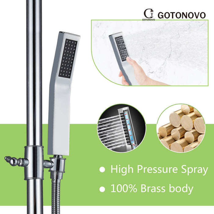 Gotonovo Exposed Shower System 8 Inch Square Swivel Rainfall Shower Head with Handheld Adjustable Complete Set Wall Mount