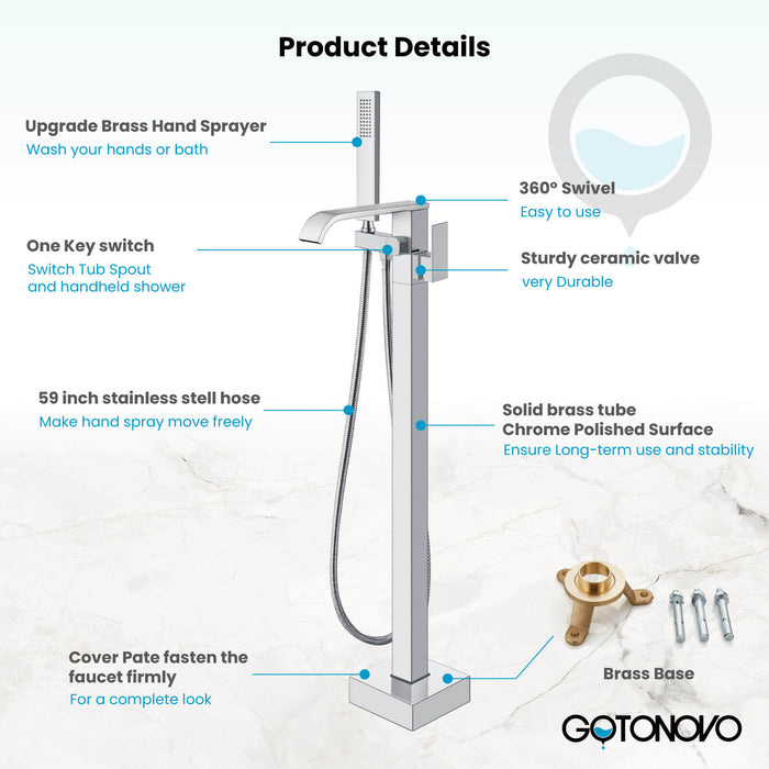 Gotonovo Waterfall Freestanding Bathtub Faucet Floor Mount Tub Filler Single Handle Brass Tap with Hand Shower and 360 Degree Swivel Spout