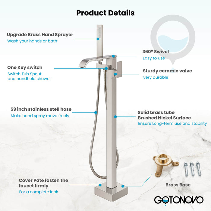Gotonovo Waterfall Freestanding Bathtub Faucet Floor Mount Tub Filler Single Handle Brass Tap with Hand Shower and 360 Degree Swivel Spout