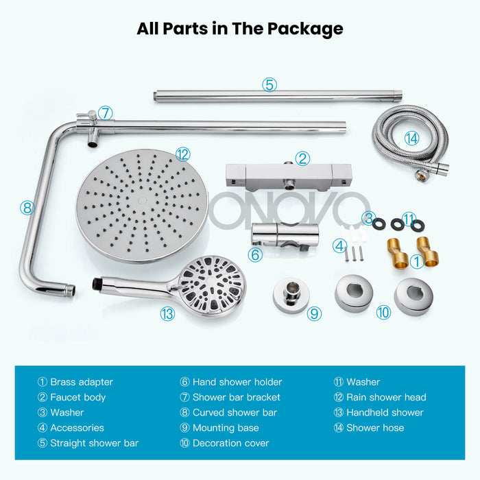 Gotonovo Exposed Shower System Thermostatic 8’’ Round Shower Head with Height Adjustable Slide Bar ABS Handheld Sprayer Wall Mount Shower Fixture